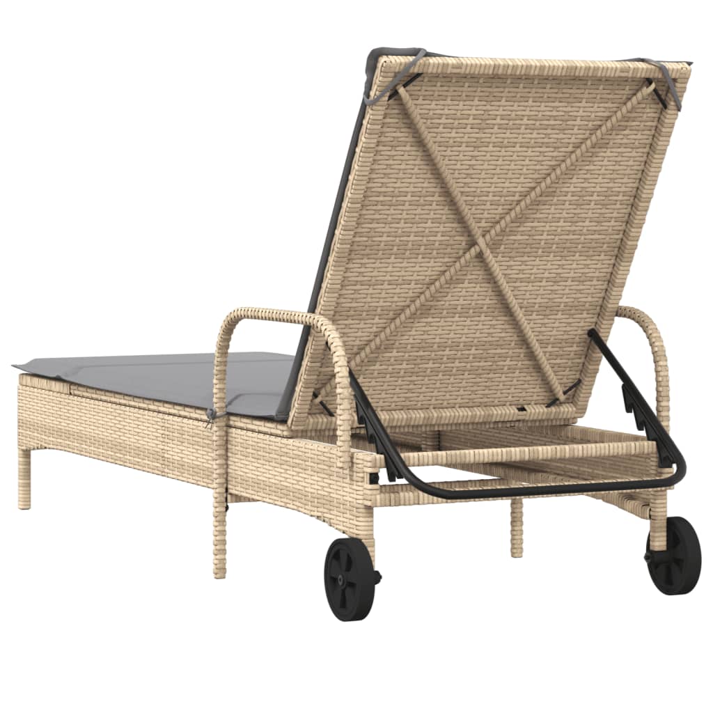 Sun lounger with wheels and cushion in beige PE wicker