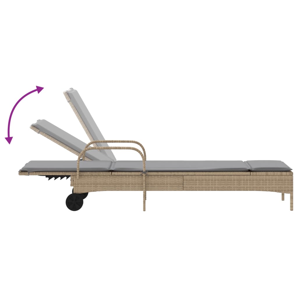 Sun lounger with wheels and cushion in beige PE wicker