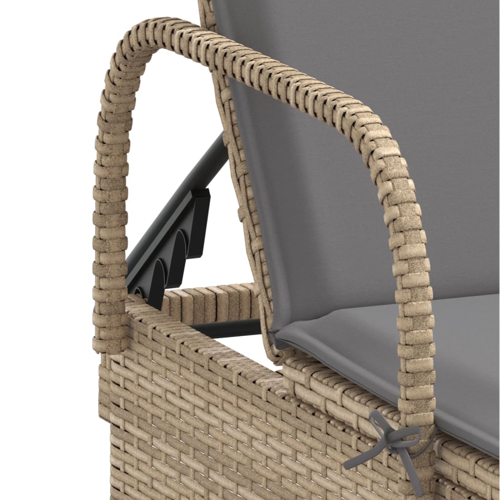 Sun lounger with wheels and cushion in beige PE wicker