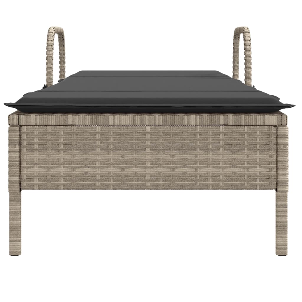 Sun lounger with wheels and cushion in light grey PE wicker