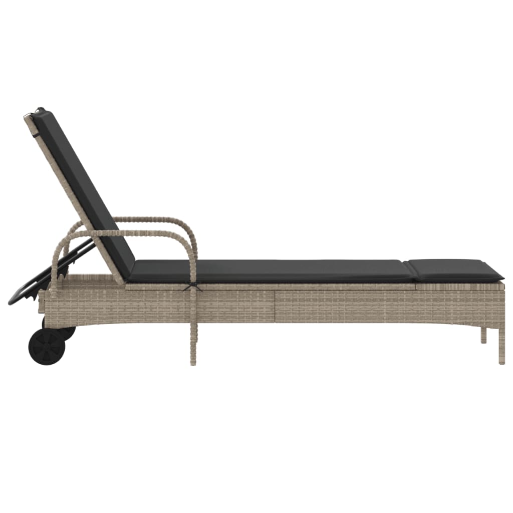 Sun lounger with wheels and cushion in light grey PE wicker