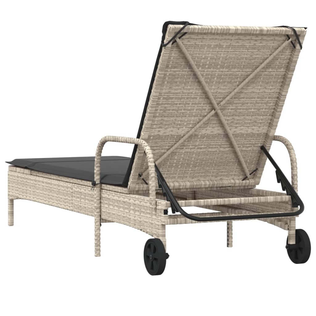 Sun lounger with wheels and cushion in light grey PE wicker