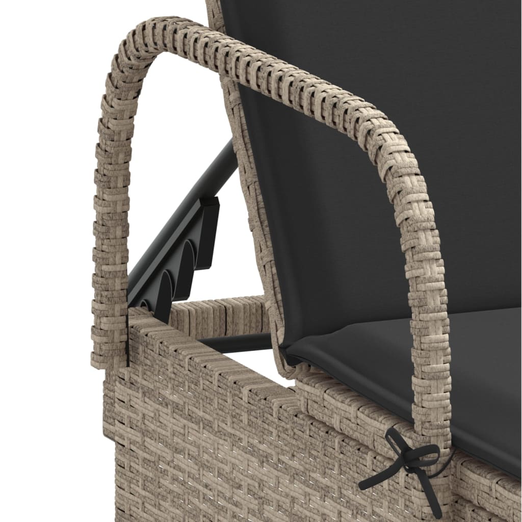 Sun lounger with wheels and cushion in light grey PE wicker