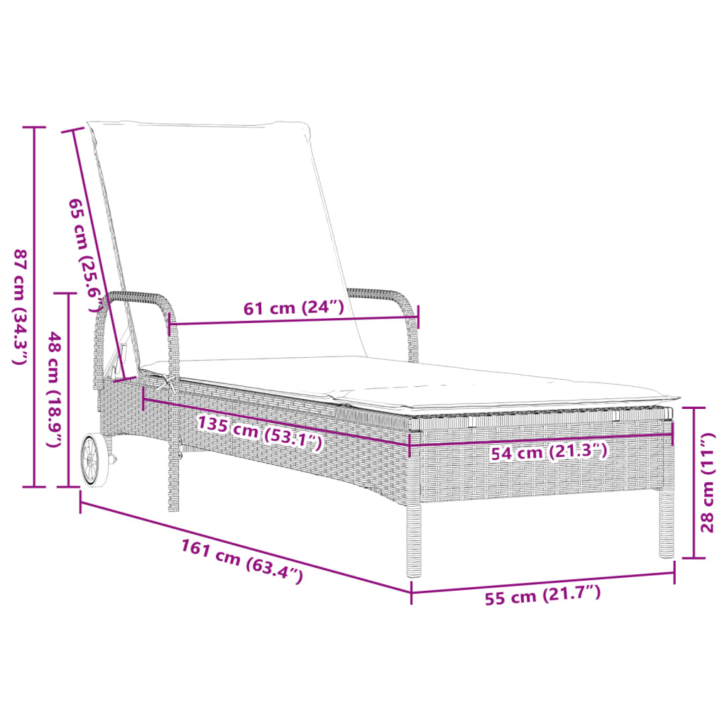 Sun lounger with wheels and cushion in light grey PE wicker