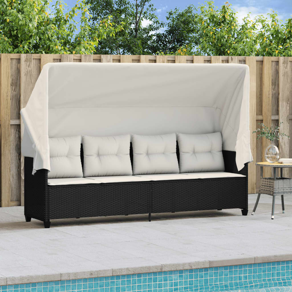 Sun lounger with canopy and cushions in black PE wicker