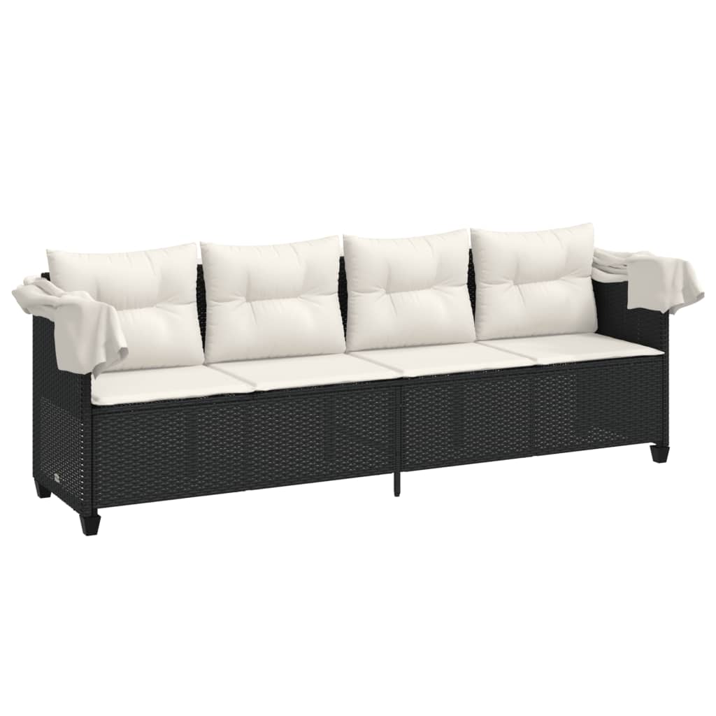 Sun lounger with canopy and cushions in black PE wicker
