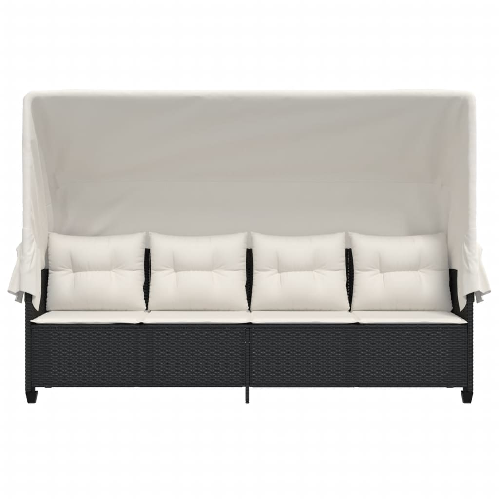 Sun lounger with canopy and cushions in black PE wicker