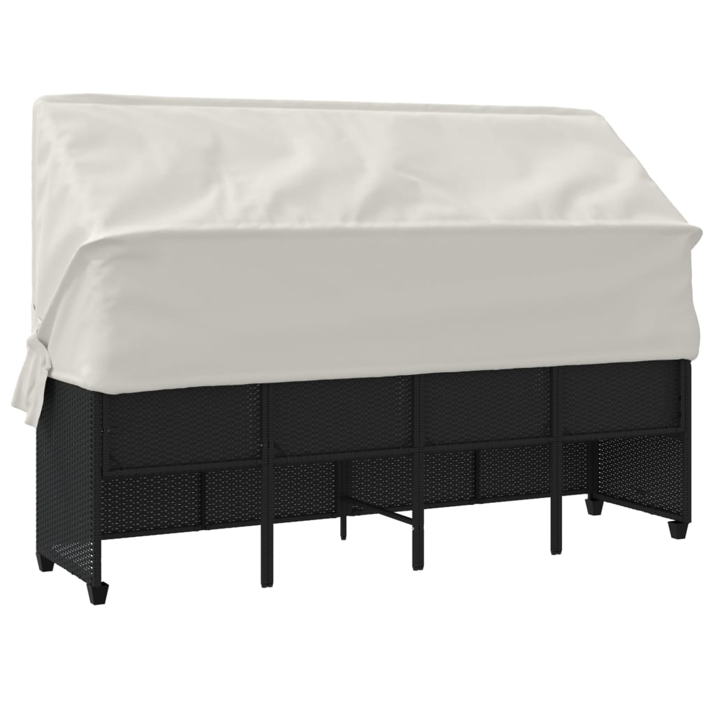 Sun lounger with canopy and cushions in black PE wicker