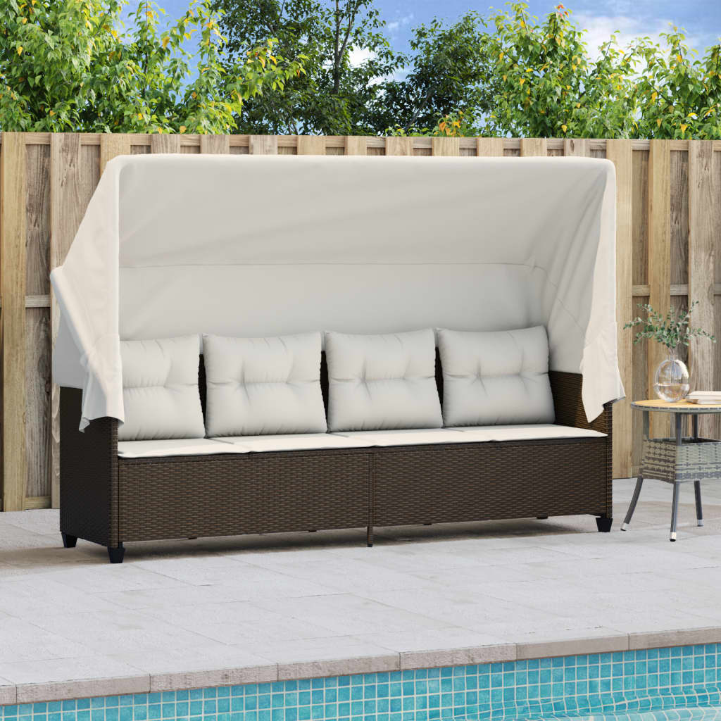 Sun lounger with canopy and cushions in brown PE wicker
