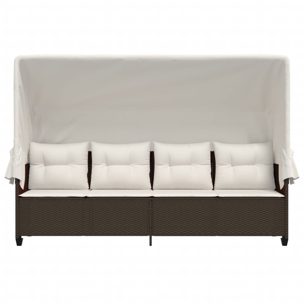 Sun lounger with canopy and cushions in brown PE wicker