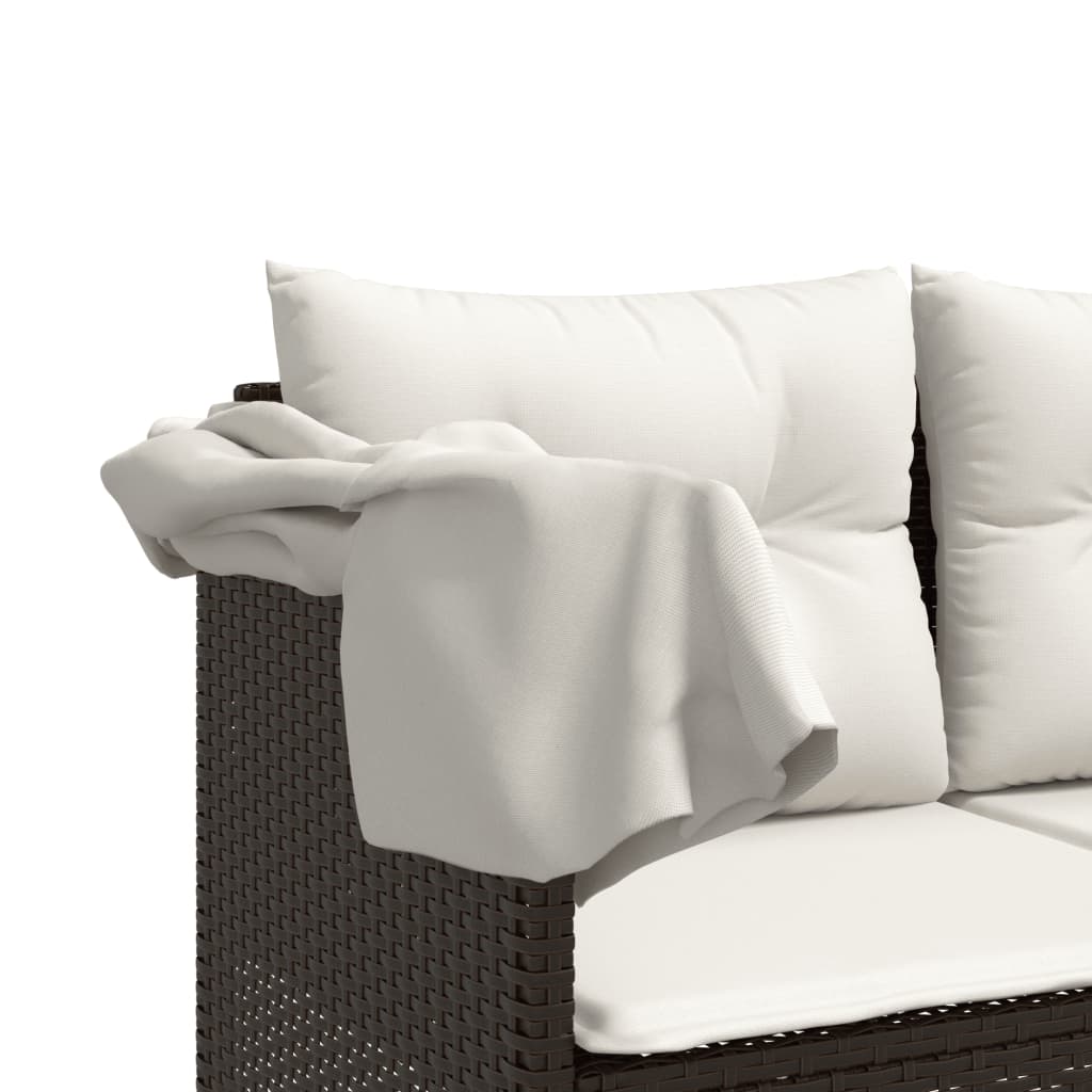 Sun lounger with canopy and cushions in brown PE wicker