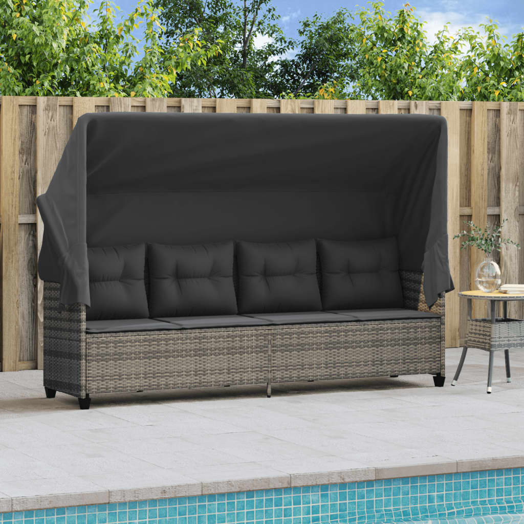 Sun lounger with canopy and cushions in grey poly rattan