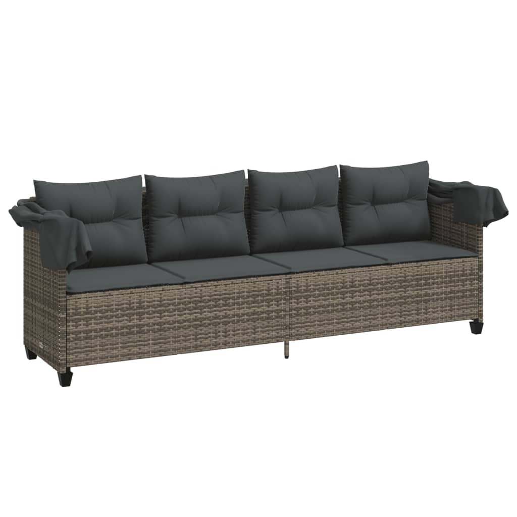 Sun lounger with canopy and cushions in grey poly rattan