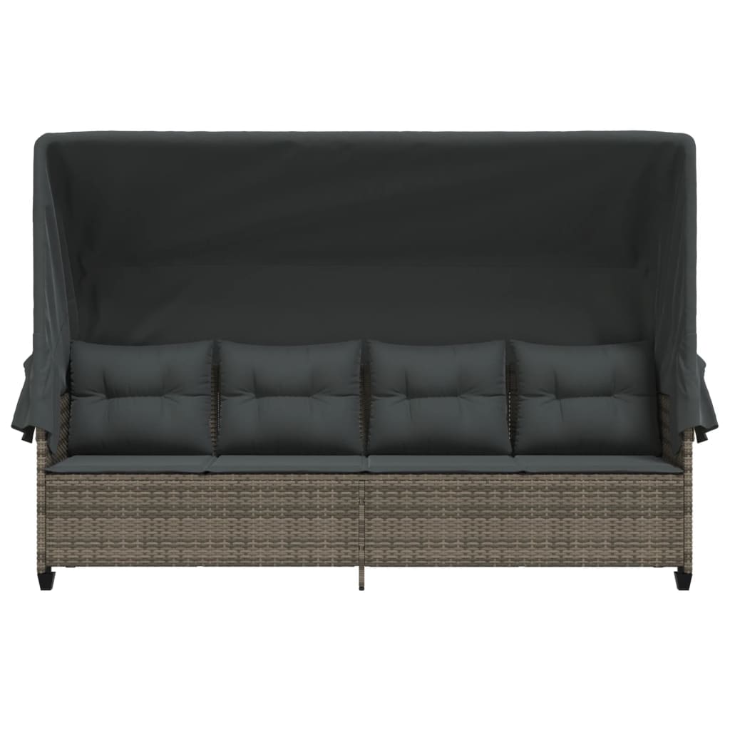 Sun lounger with canopy and cushions in grey poly rattan