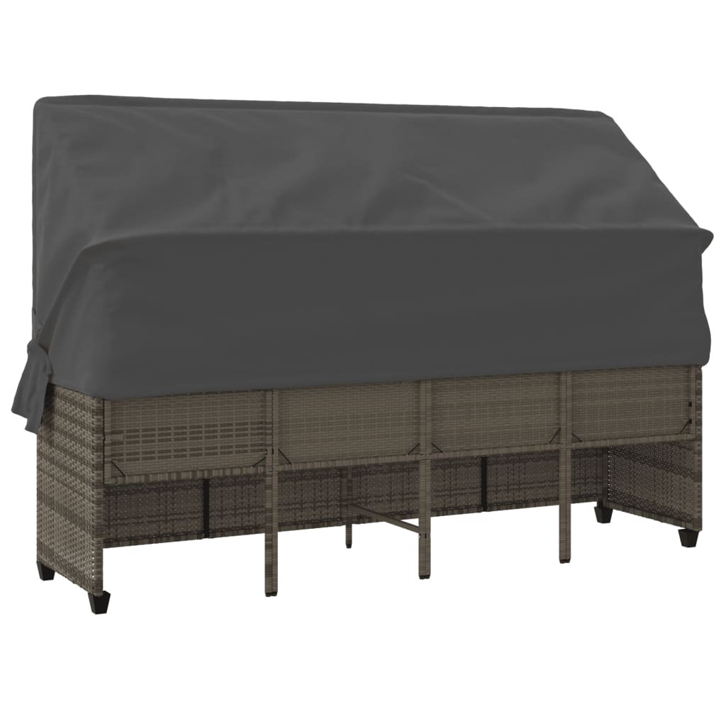 Sun lounger with canopy and cushions in grey poly rattan