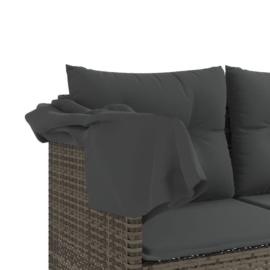 Sun lounger with canopy and cushions in grey poly rattan