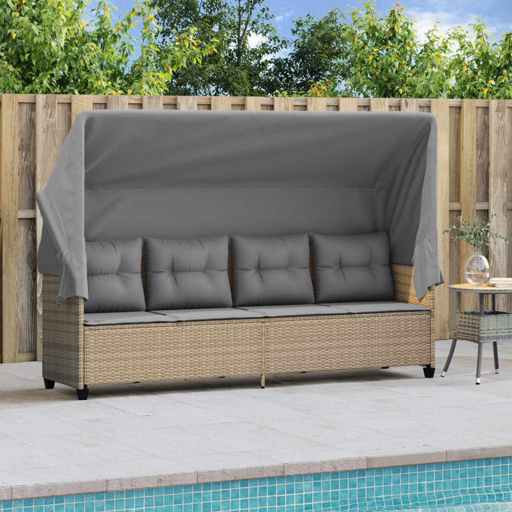 Sun lounger with canopy and cushions in beige PE wicker