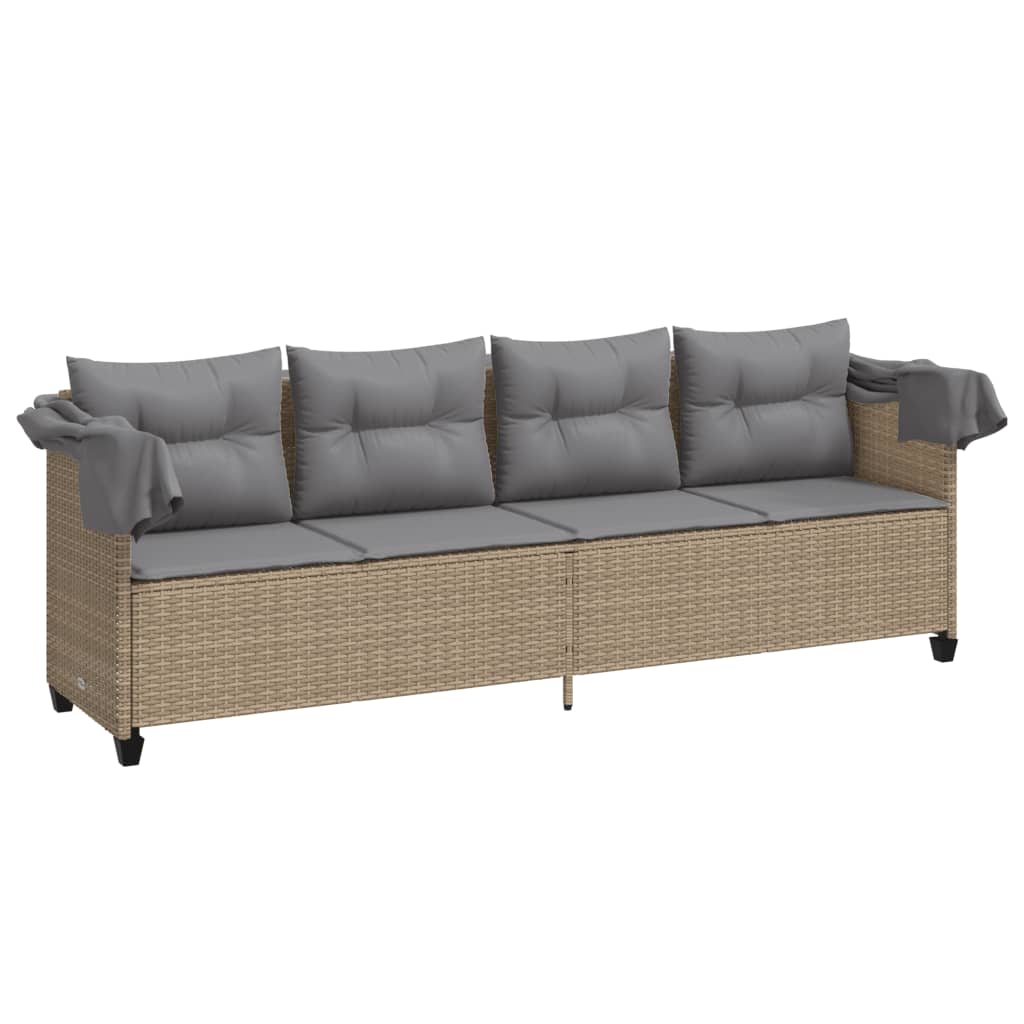 Sun lounger with canopy and cushions in beige PE wicker