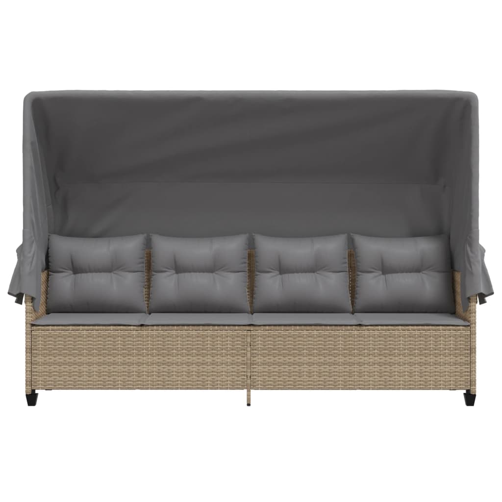 Sun lounger with canopy and cushions in beige PE wicker