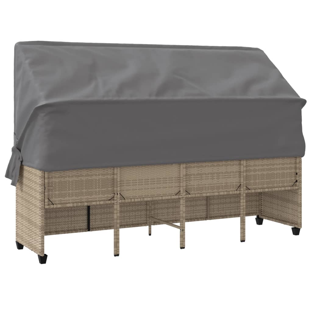 Sun lounger with canopy and cushions in beige PE wicker