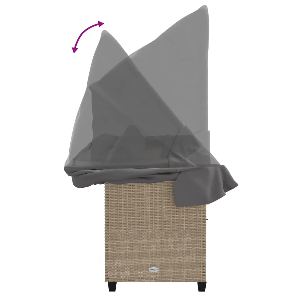 Sun lounger with canopy and cushions in beige PE wicker