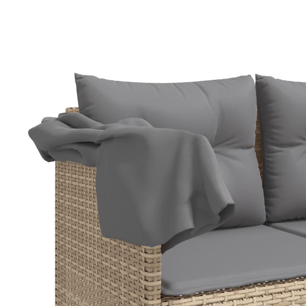 Sun lounger with canopy and cushions in beige PE wicker