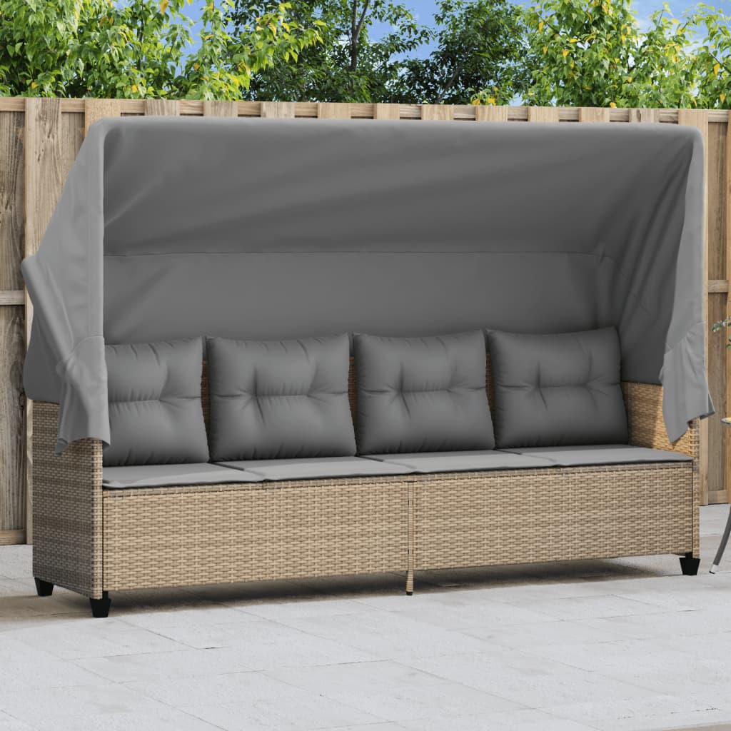 Sun lounger with canopy and cushions in beige PE wicker