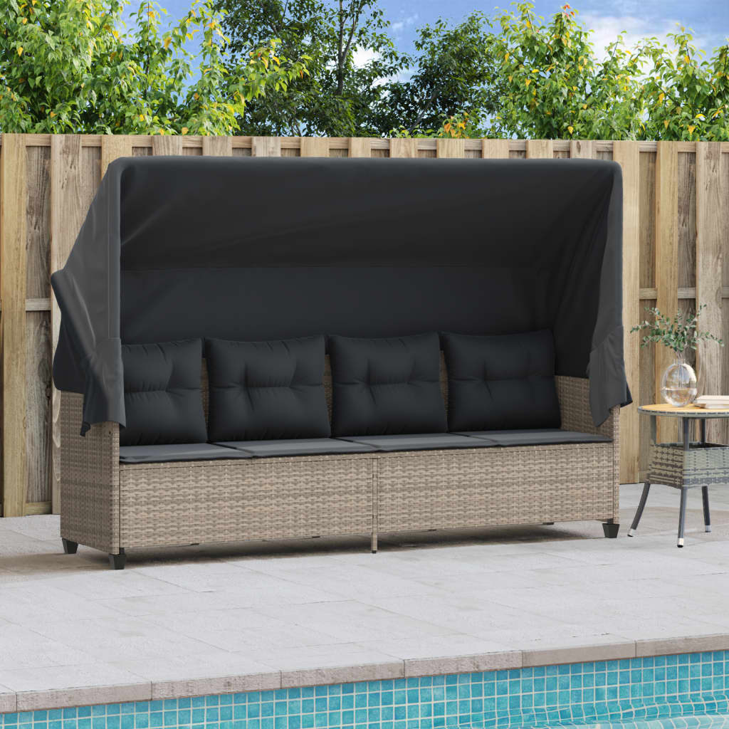 Sun lounger with canopy and cushions in light grey poly rattan