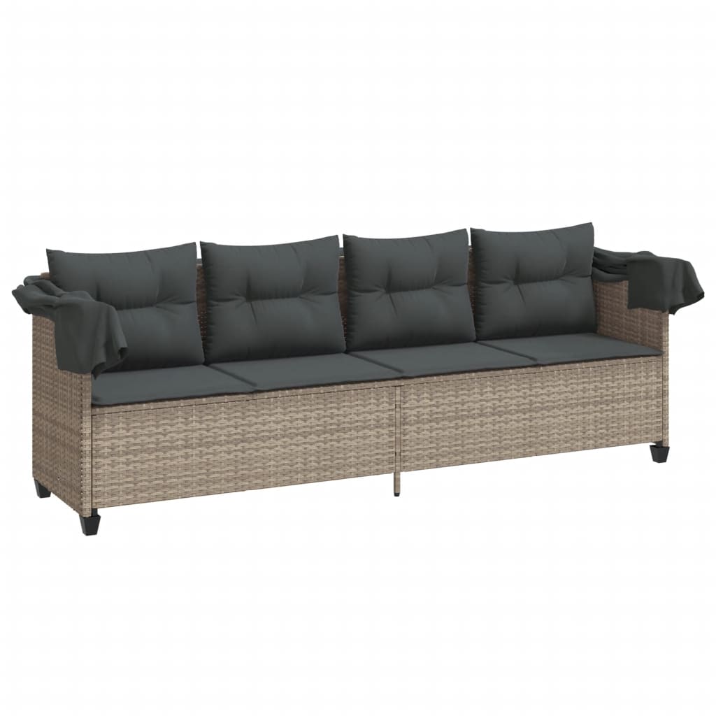 Sun lounger with canopy and cushions in light grey poly rattan