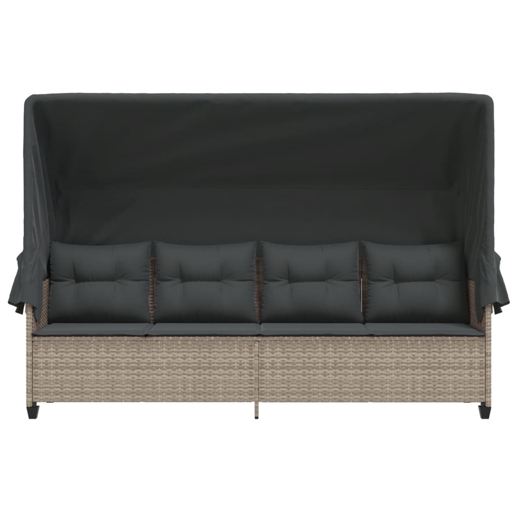 Sun lounger with canopy and cushions in light grey poly rattan