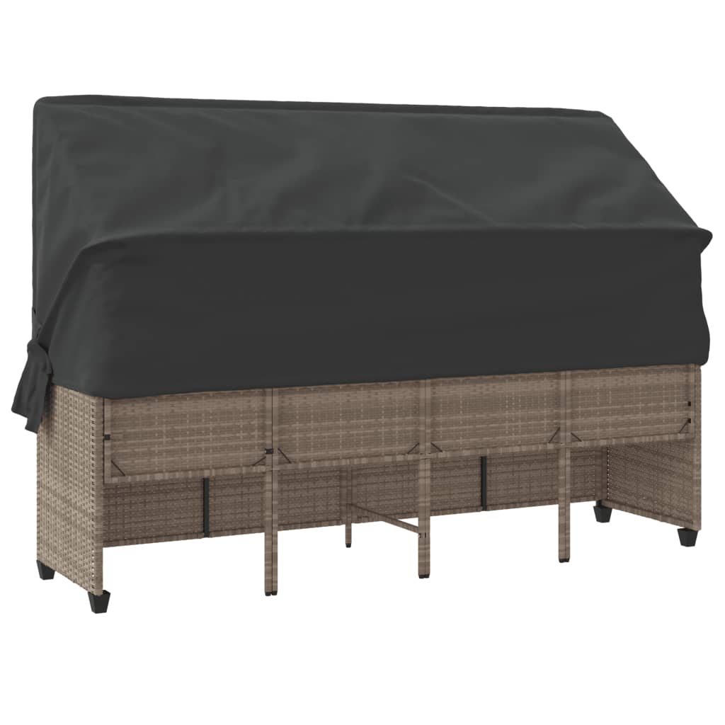Sun lounger with canopy and cushions in light grey poly rattan