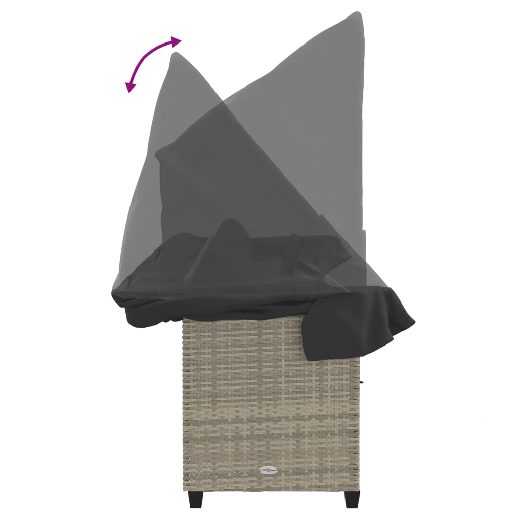 Sun lounger with canopy and cushions in light grey poly rattan