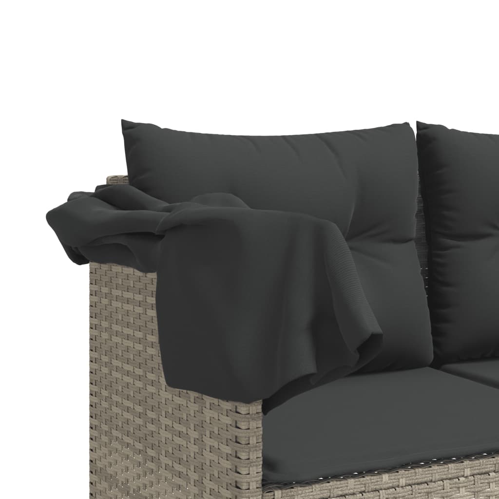 Sun lounger with canopy and cushions in light grey poly rattan