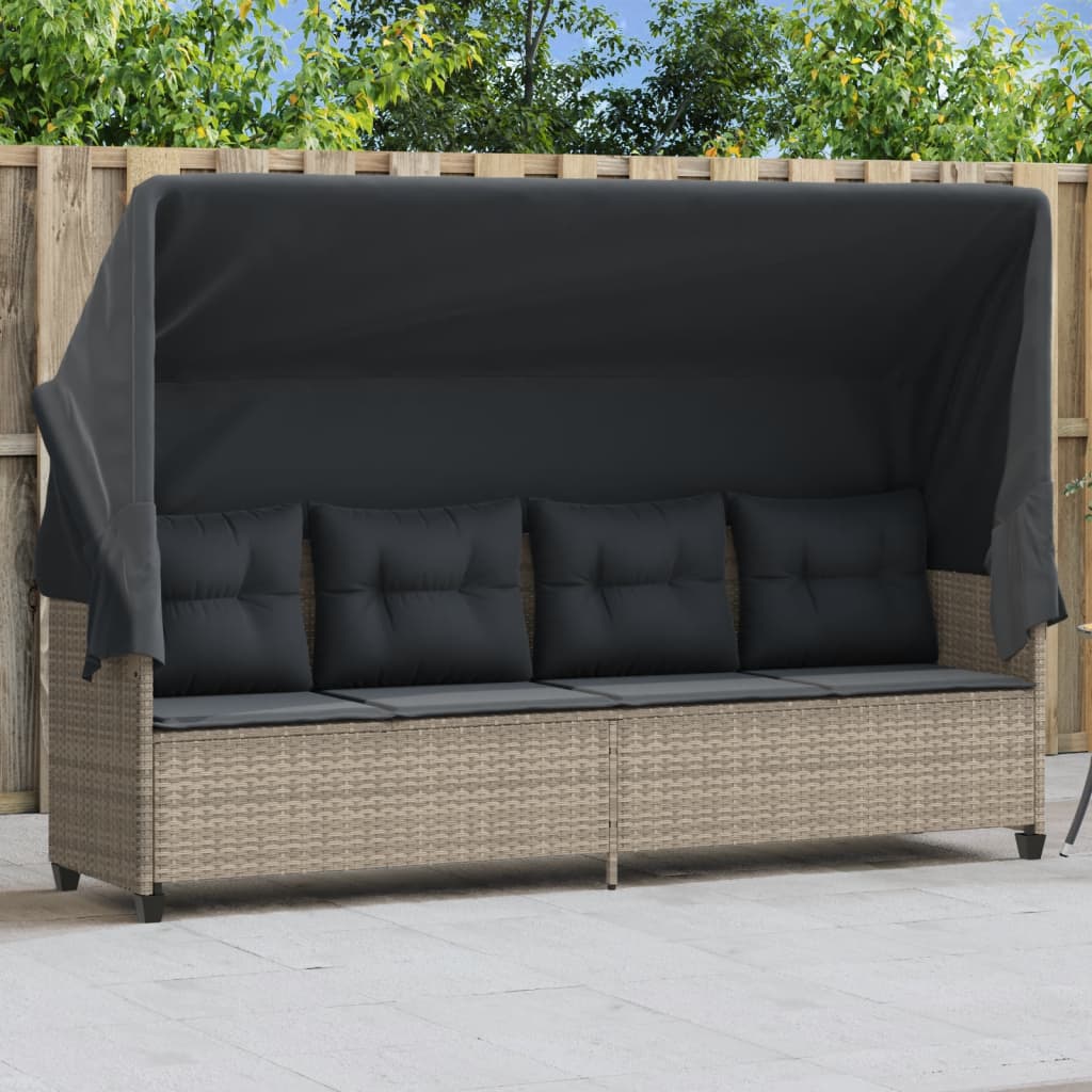 Sun lounger with canopy and cushions in light grey poly rattan