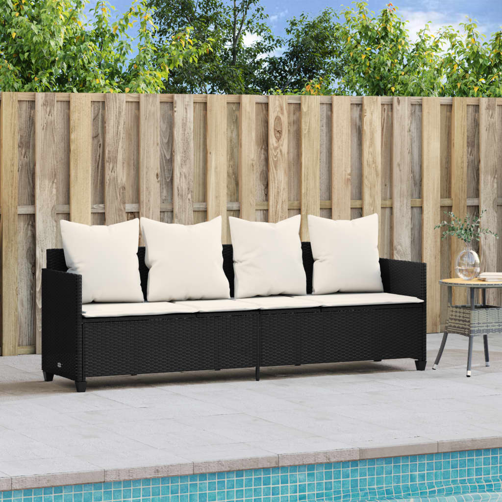 Sun lounger with cushions in black PE wicker