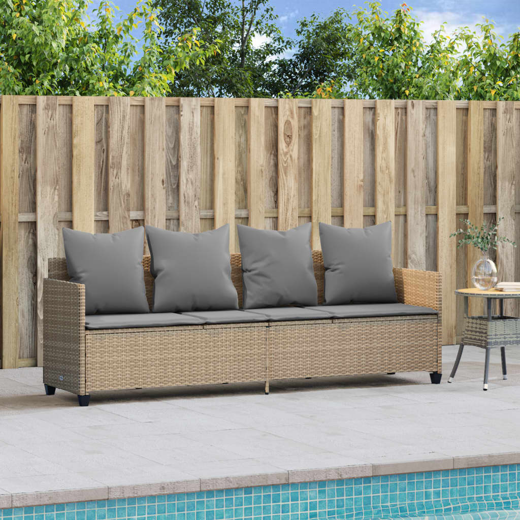 Sun lounger with cushions in beige PE wicker