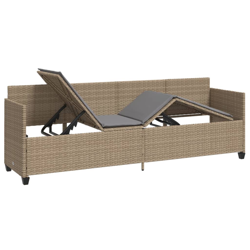 Sun lounger with cushions in beige PE wicker