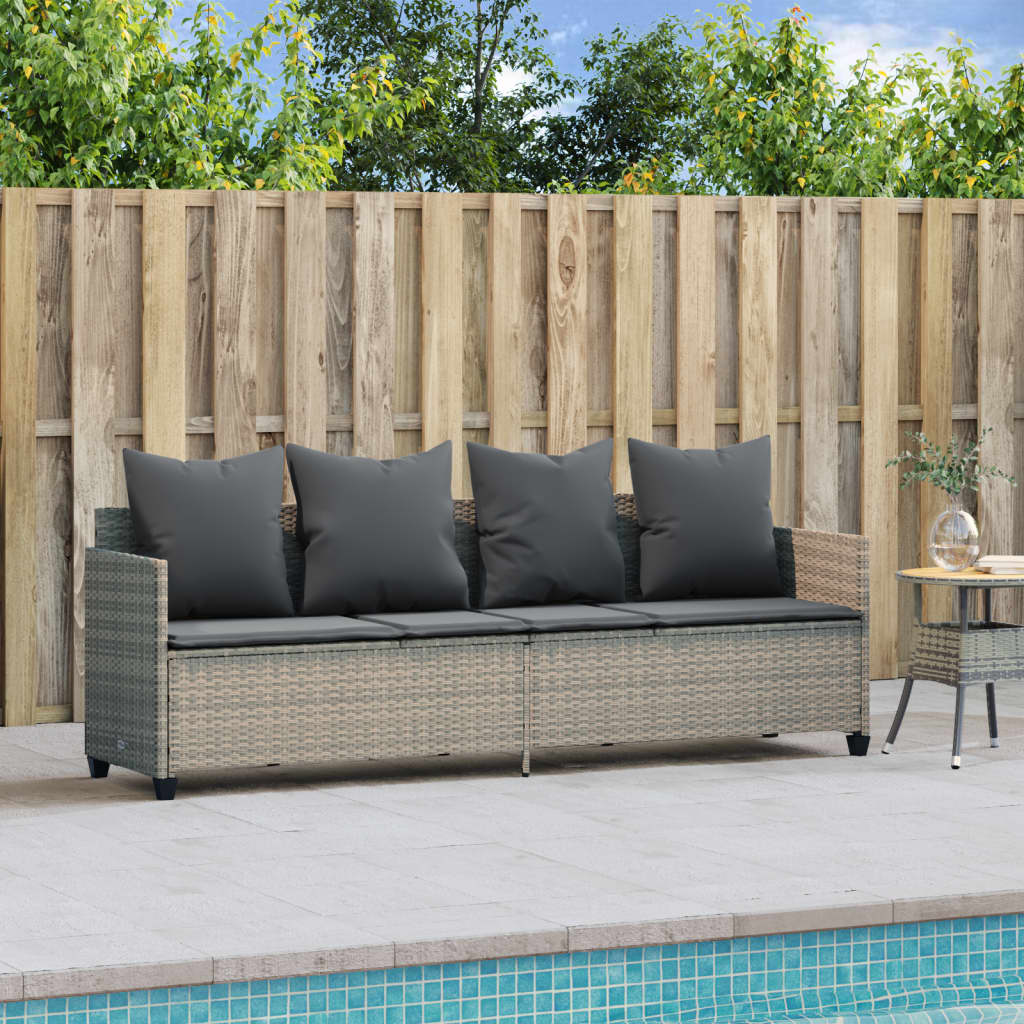 Sun lounger with cushions in light grey poly rattan