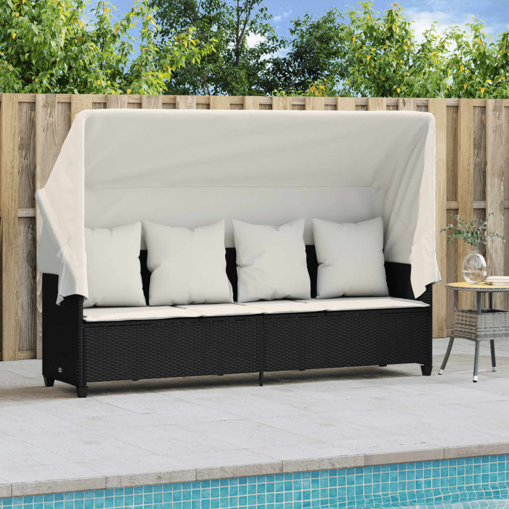 Sun lounger with canopy and cushions in black PE wicker