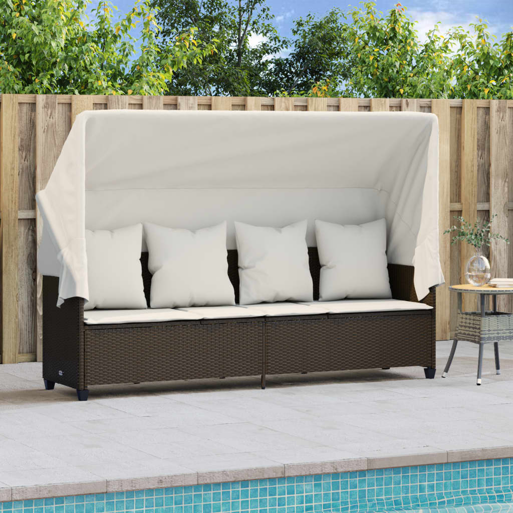 Sun lounger with canopy and cushions in brown PE wicker