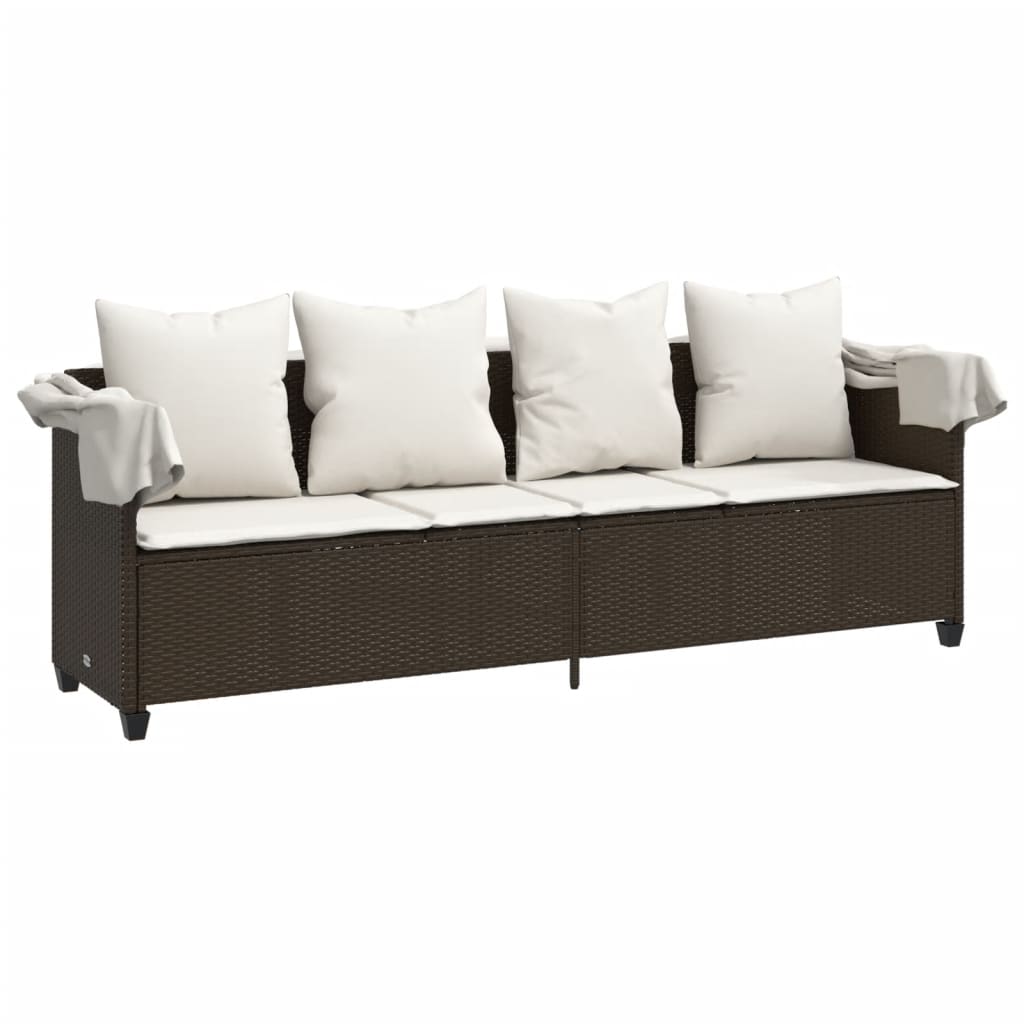 Sun lounger with canopy and cushions in brown PE wicker