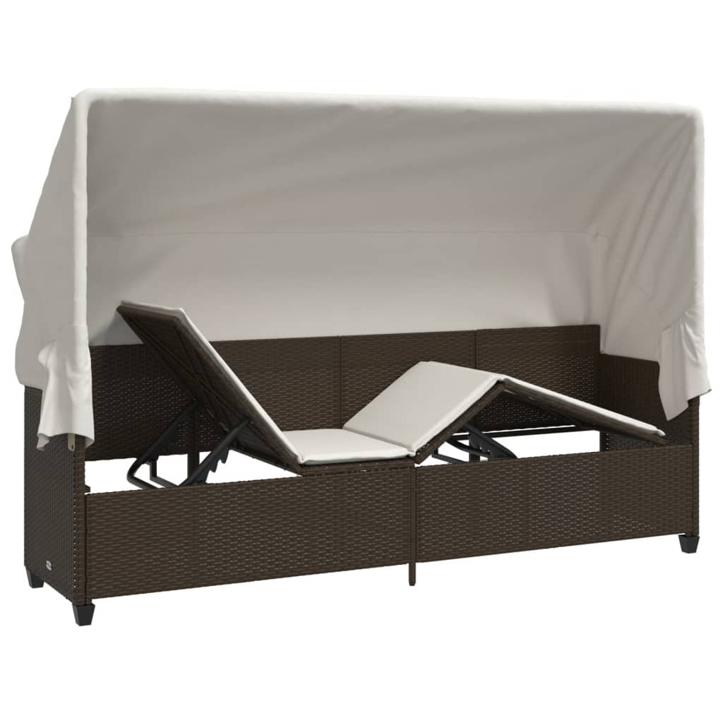 Sun lounger with canopy and cushions in brown PE wicker