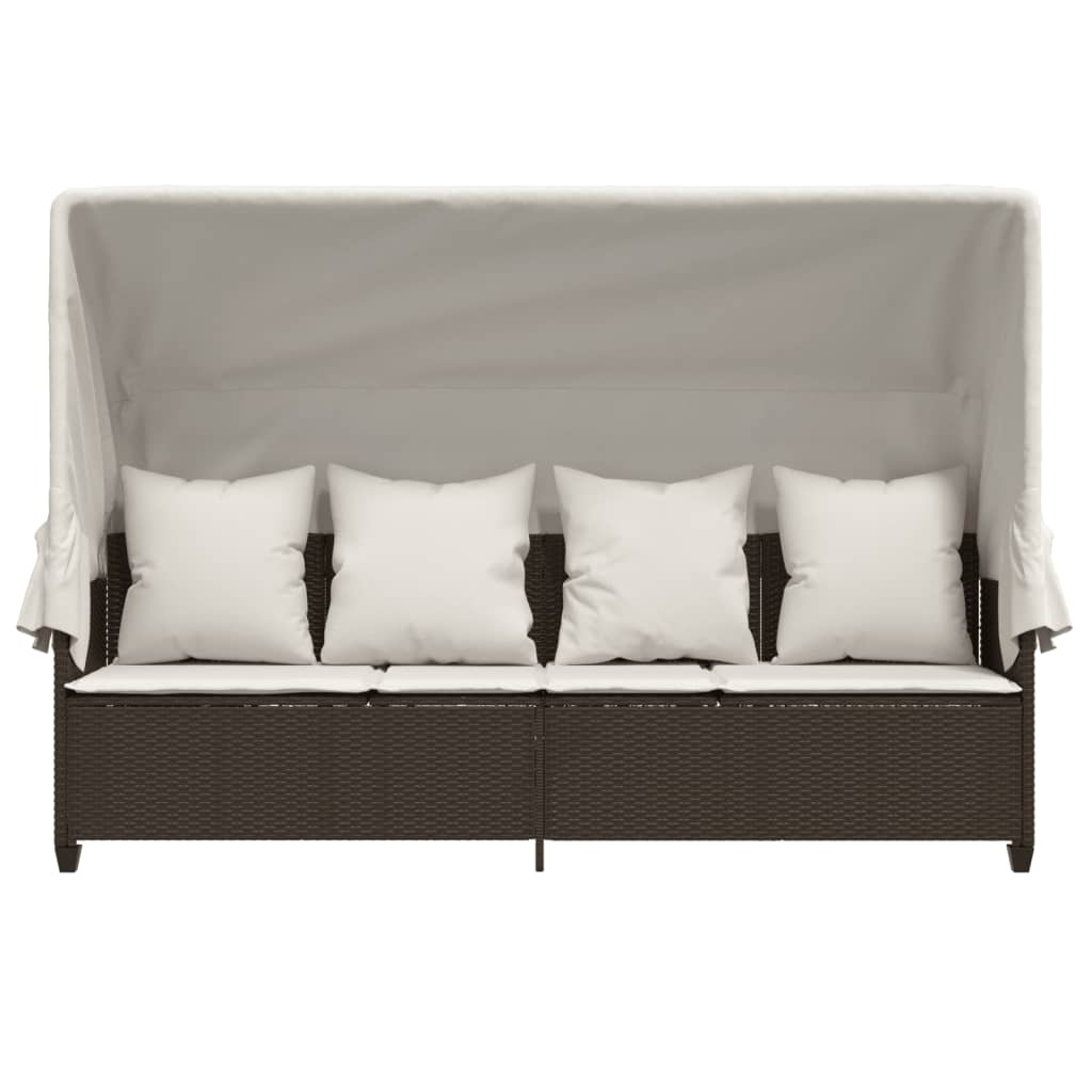 Sun lounger with canopy and cushions in brown PE wicker