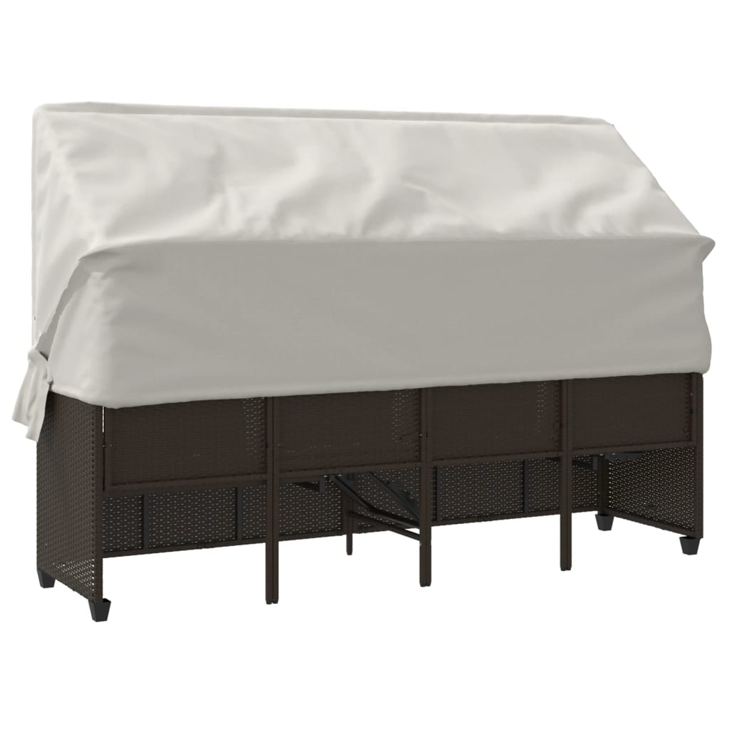 Sun lounger with canopy and cushions in brown PE wicker