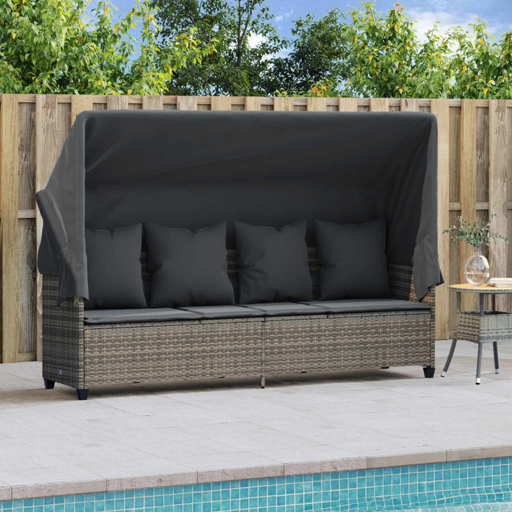 Sun lounger with canopy and cushions in grey PE wicker