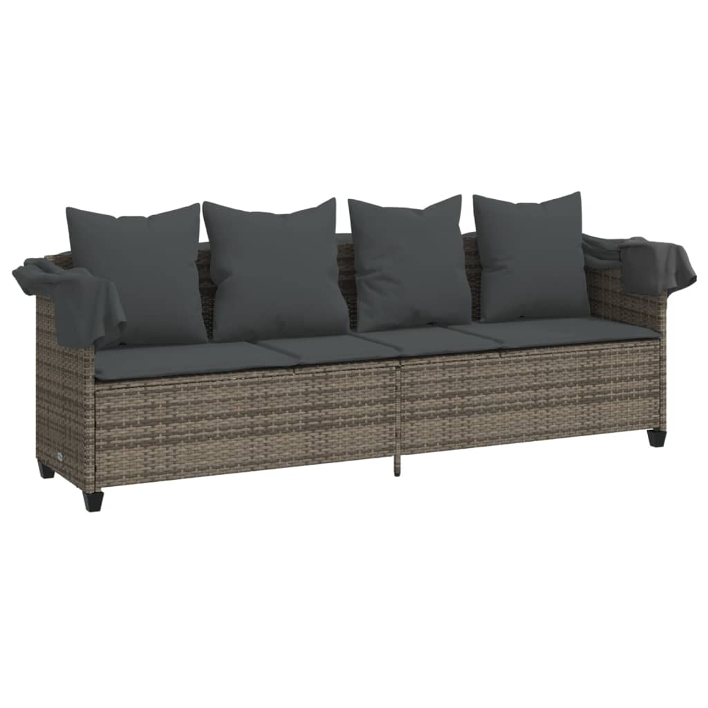 Sun lounger with canopy and cushions in grey PE wicker