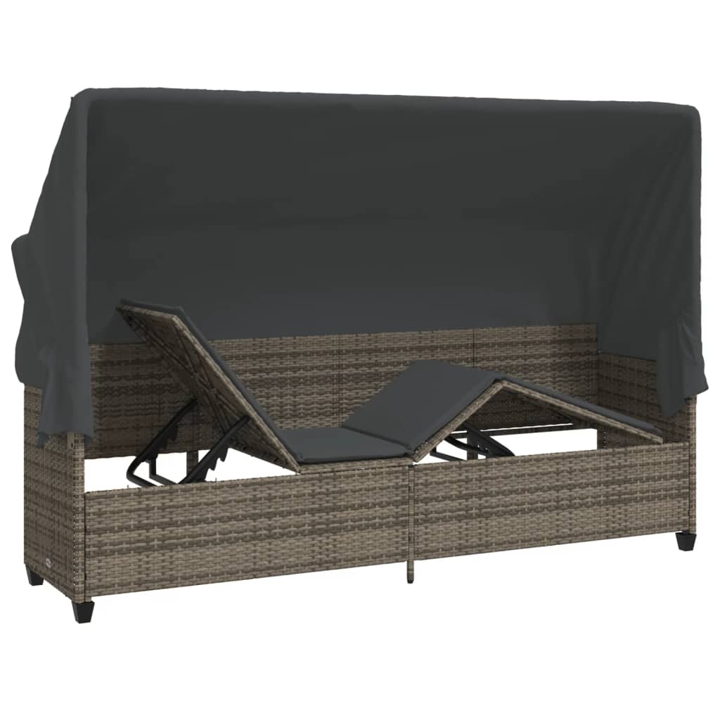 Sun lounger with canopy and cushions in grey PE wicker