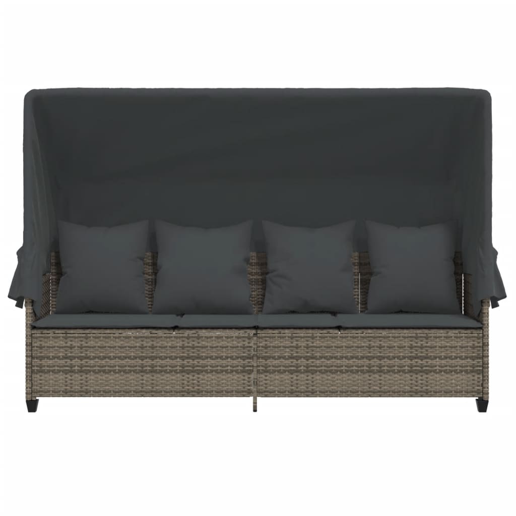Sun lounger with canopy and cushions in grey PE wicker