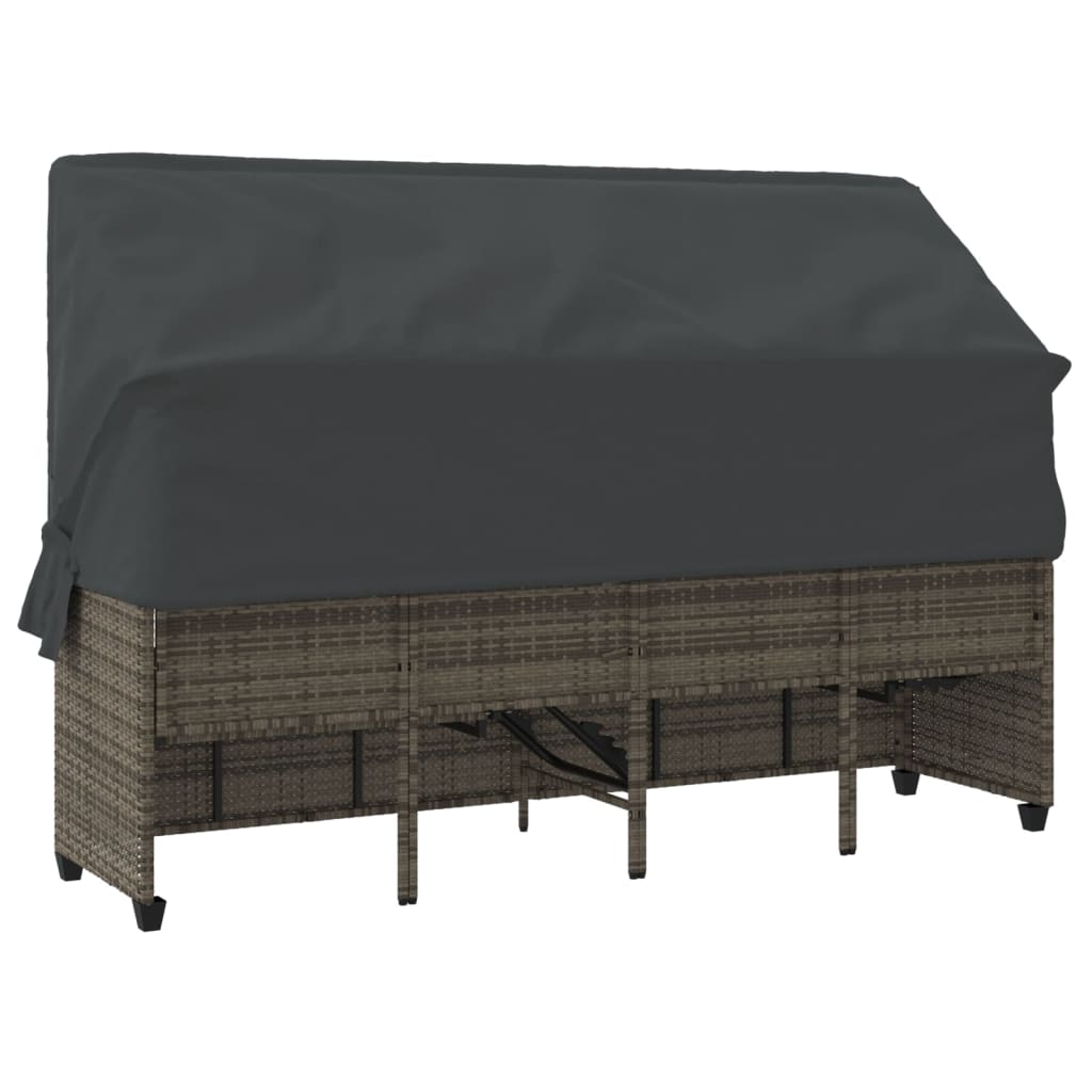 Sun lounger with canopy and cushions in grey PE wicker