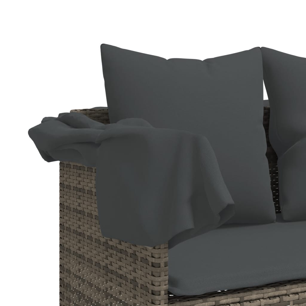 Sun lounger with canopy and cushions in grey PE wicker